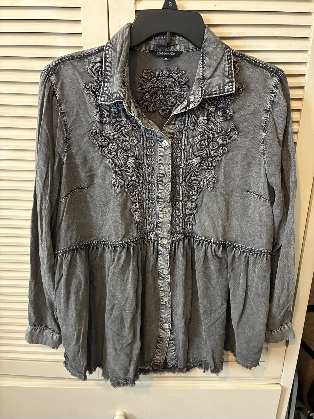 John Mark Gray Embroidered Button-Front Peasant Blouse